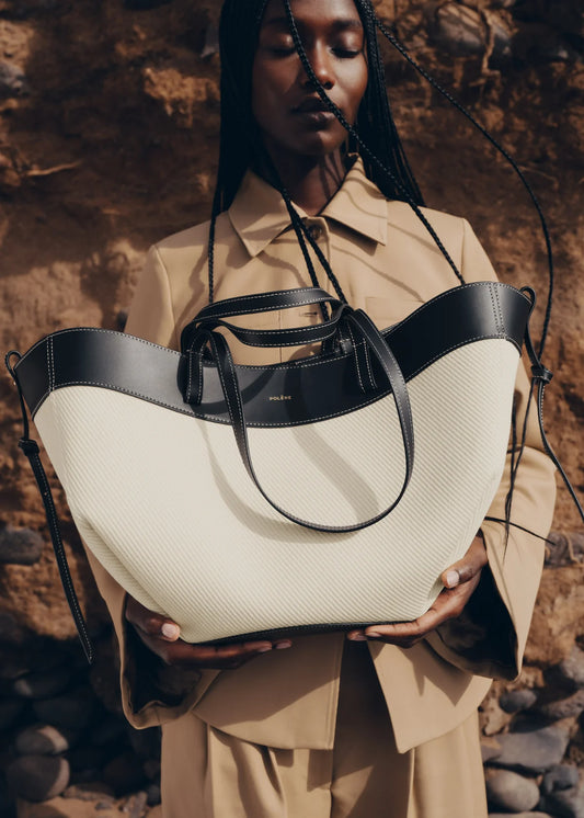 Polène Cyme Black & White Canvas Tote Bag