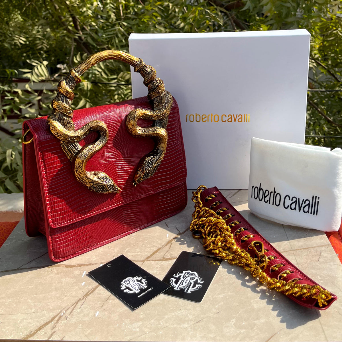 Roberto Cavalli Borsa Bordeaux Con Serpenti