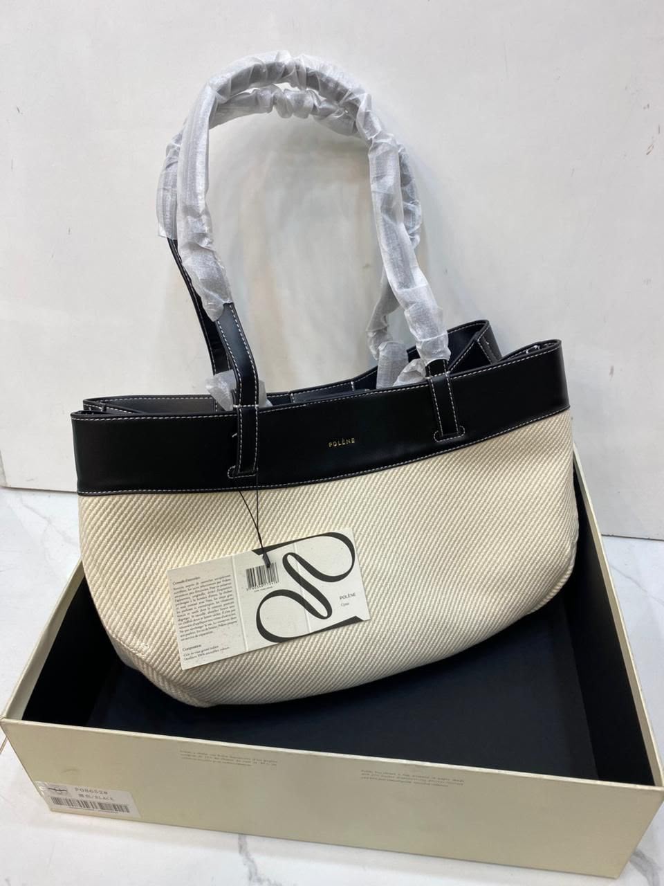 Polène Cyme Black & White Canvas Tote Bag