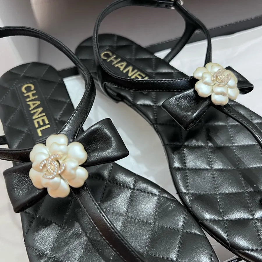 Chanel Lambskin Grosgrain Camellia Thong Sandals