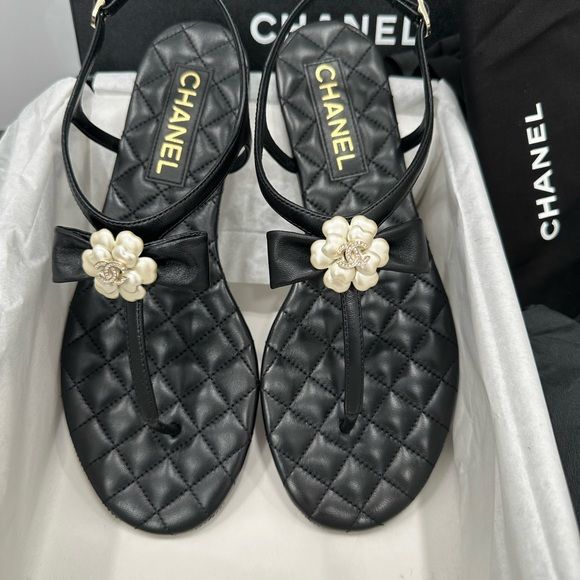 Chanel Lambskin Grosgrain Camellia Thong Sandals