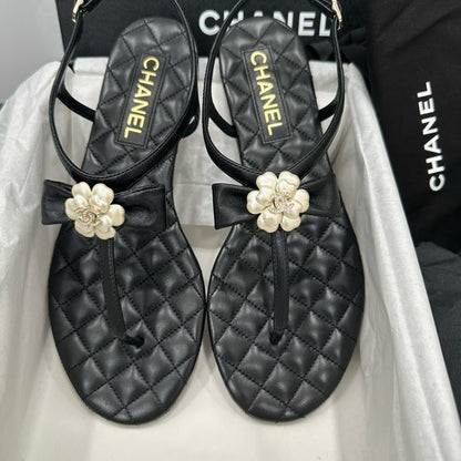 Chanel Lambskin Grosgrain Camellia Thong Sandals