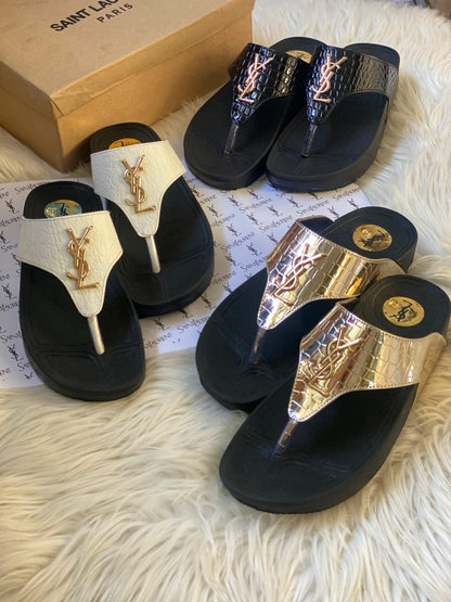 YSL Platform Wedge Flip Flops