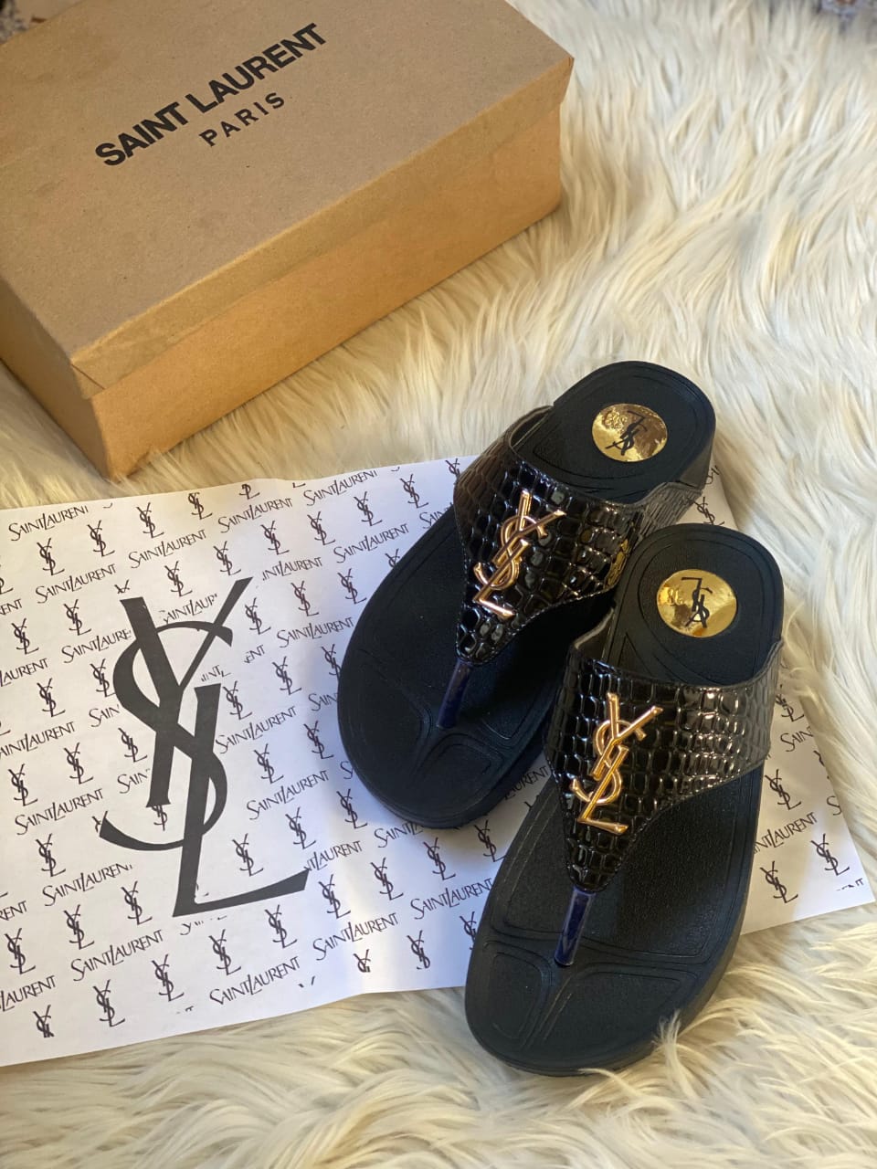 YSL Platform Wedge Flip Flops