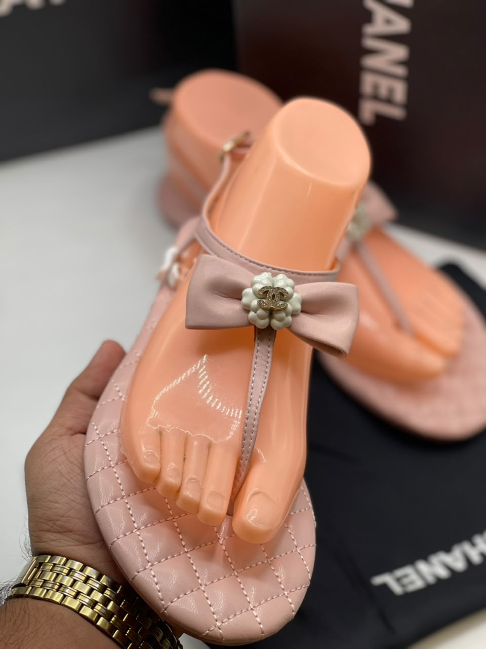 Chanel Lambskin Grosgrain Camellia Thong Sandals