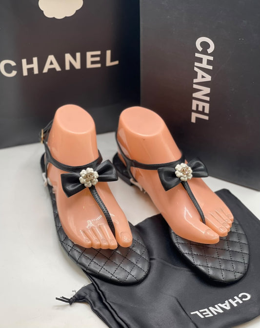 Chanel Lambskin Grosgrain Camellia Thong Sandals